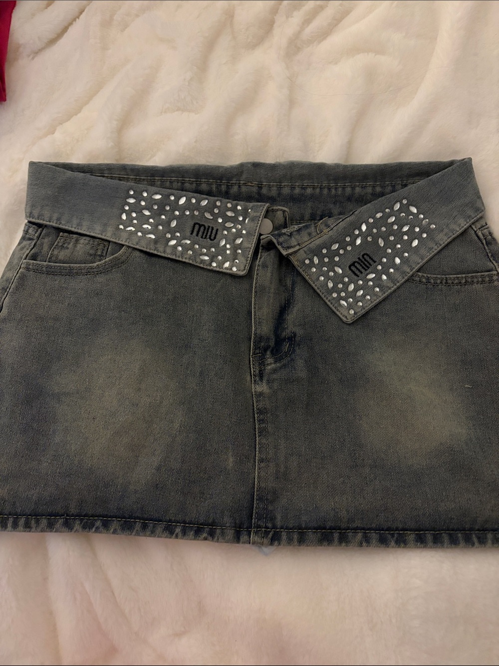 Mi Grey Washed Denim Mini Skirt with Studded Waist